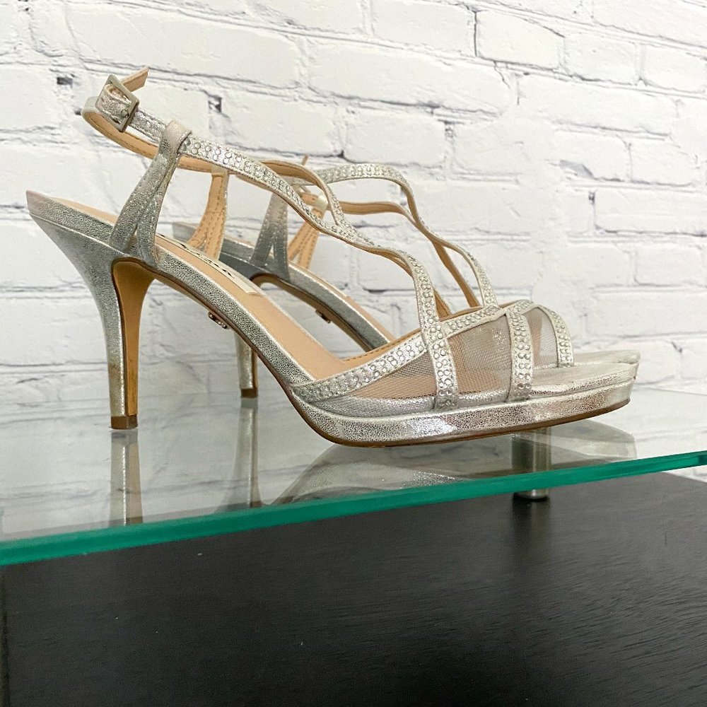 Nina silver sparkly french heel dress shoe.